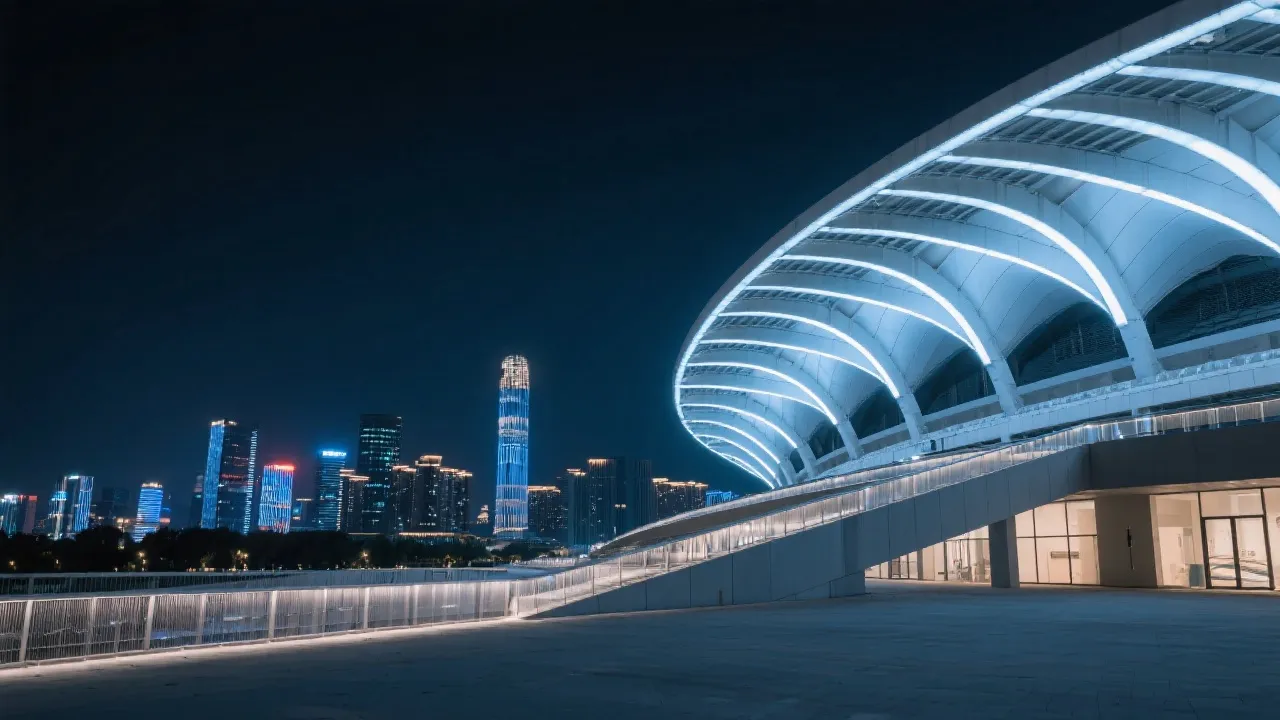 夜幕下的现代世界杯比赛场馆外观，屋顶结构与城市天际线相互呼应